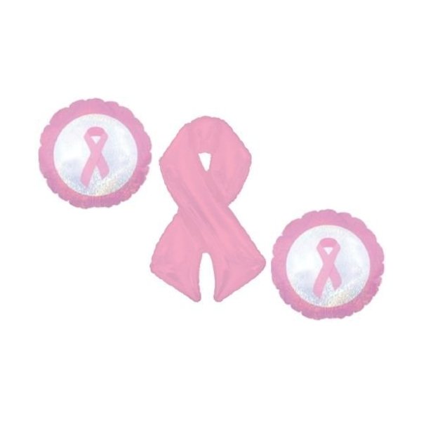 LOONBALLOON Breast Cancer Awareness Pink Bow Ribbon Shimmer (3) Mylar Balloons Kit Set C