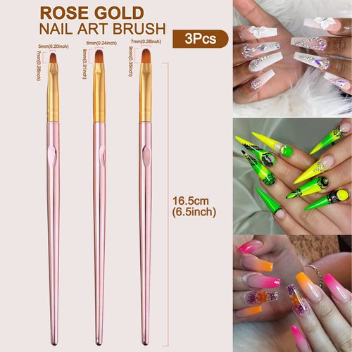 SILPECWEE 3 Pcs Rose Gold Round Brush Set Nail Art Brush Nail Painting Brush Manicure Tool Professional UV Gel 3D Nail Brushes Pen Set (7mm/9mm/10mm)