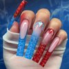 IMSOHOT Square Press on Nails Extra Long Fake Nails French Tips Acrylic False Nails with Blue Red Bubbles Gradient Designs Rhinestone Full Cover Glossy Glue on Nails 24Pcs