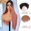 UREMY Long Straight Layered Synthetic Wig Ombre Pink 28 Inches Glueless Machine Made Realistic Non-lace Wig for Women Halloween Makeup Party Cosplay Heat Resistant Fiber