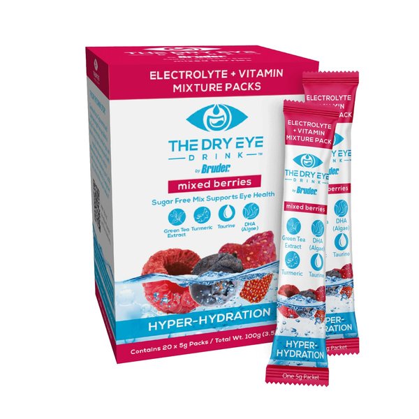The Dry Eye Drink l Ultimate Hydration for Dry Eyes l Sugar-Free Electrolyte Powder Packets l Blended with Vitamins, Green Tea, Turmeric, Taurine, and DHA l 5g x 20 Packets (Mixed Berry)