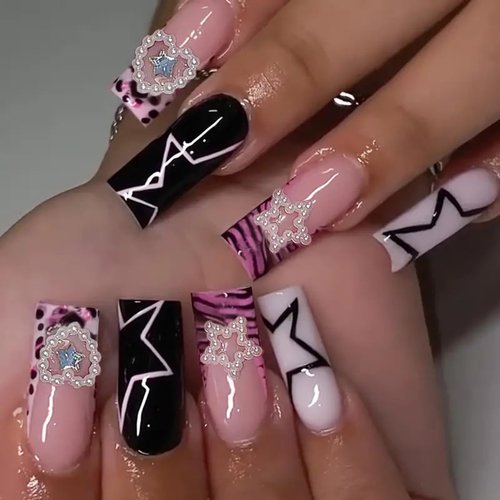 24 Pcs Pink Press on Nails Medium Square - SHANRUN Summer Fake Nails Press ons French Nail Art Tips Glue on Nails Full Cover False Nails with Charms Pentagram Design Stick on Nails Acrylic Nail Kit