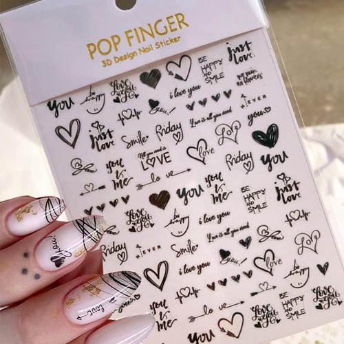 6 Sheets Heart Nail Art Stickers - Letters Nail Decals 3D Self-Adhesive Valentine's Day Nail Art Supplies Heart Love English Alphabet Nail Stickers DIY Gold Nail Designs Manicure Decoration for Women