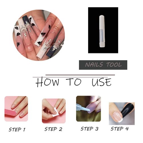 MISUD French Tip Press on Nails Long Coffin False Nails Glossy Fake Nails Rhinestone & Glitter Glue on Nails Black and White Acrylic Nails with Designs for Women and Girls 24Pcs