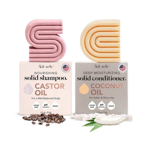 Kitsch Castor Oil Shampoo Bar & Coconut Oil Conditioner Bar - Hydrating & Moisturizing Bar Shampoo for Dull & Dry Hair, Strengthen & Restore Damage Hair, Deep-Moisturizing Hair Conditioner Bar,2pc Set