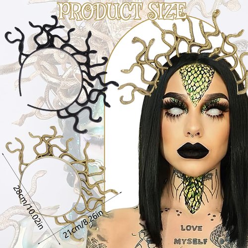 BASEMMAHER 2Pcs Halloween Medusa Snake Headband Greek Goddess Headdress Cosplay Costume Headpiece Egypt Black Gold Snake Hair Accessories for Women Girls Halloween Masquerade Party Supplies