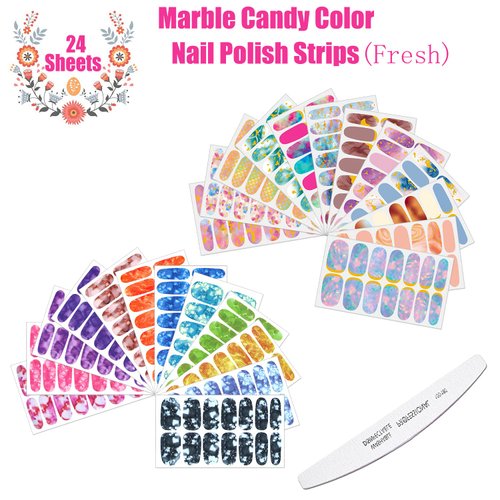 JERCLITY 336 Pieces 24 Sheets Women's Full Wrap Marble Nail Polish Strips Stickers Self-Adhesive Solid Color Gel Nail Strips Decals with Nail File for Women Girls Nail Decorations (Fresh Style)