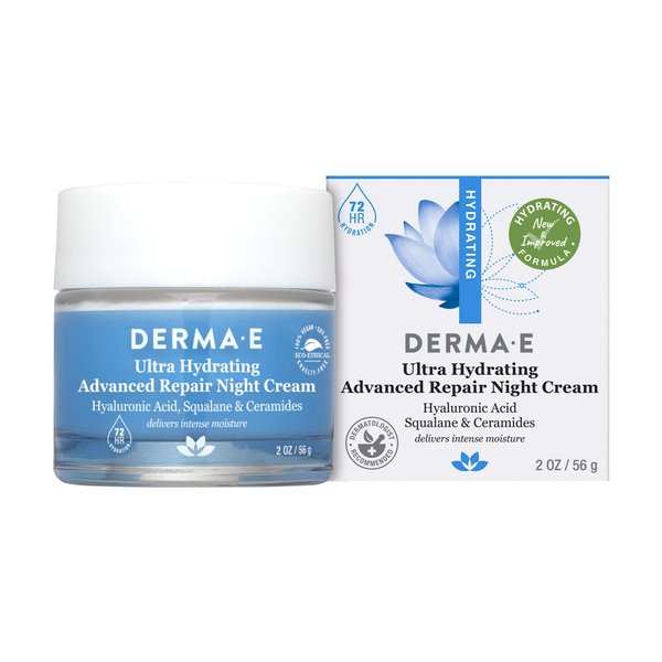 Derma E Ultra Hydrating Night Cream, Advanced Repair Overnight Face Moisturizer with Hyaluronic Acid to Replenish, Smooth and Nourish Skin, 2 oz