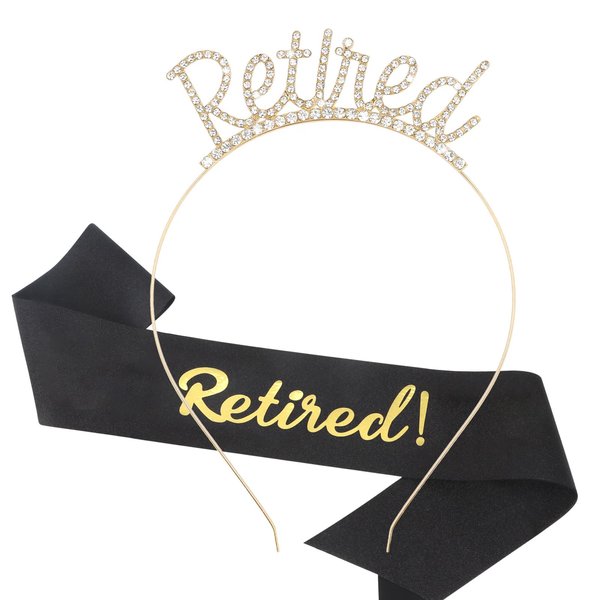 CAVETEE Retirement Gifts for Women, Gold Retired Crown and Sash Black Officially Retired Sash and Tiara Retirement Party Decorations