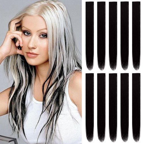 TOFAFA 22 inch Colored Hair Extensions, Multi-colors Party Highlights Clip in Synthetic Hair Extensions, Color Party Highlights Hairpieces for Girls Women(10 PCS Black)