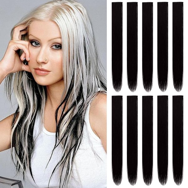 TOFAFA 22 inch Colored Hair Extensions, Multi-colors Party Highlights Clip in Synthetic Hair Extensions, Color Party Highlights Hairpieces for Girls Women(10 PCS Black)