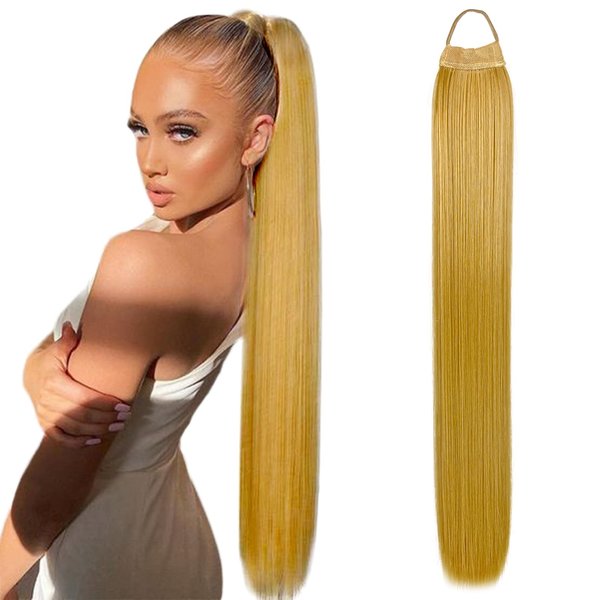 VAVANGA 28inch Long Ponytail Extension with Hair Tie, Multi Dark Blonde Yaki Straight Ponytail Thick Braiding Hair Ponytail Natural Fake Pony Tails Hairpiece for Women (#15/18)