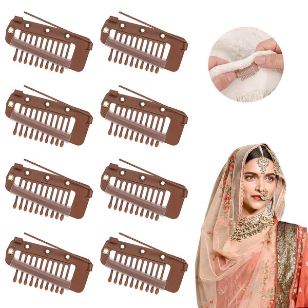 8pcs Wig Clip with Safety Pin, Safety Pin Hair Clip Hair Extension Clips Comb No Sew Teeth Snap Hair Clips Chunni Grip Dupatta Clips for Woman Tikka (Brown)