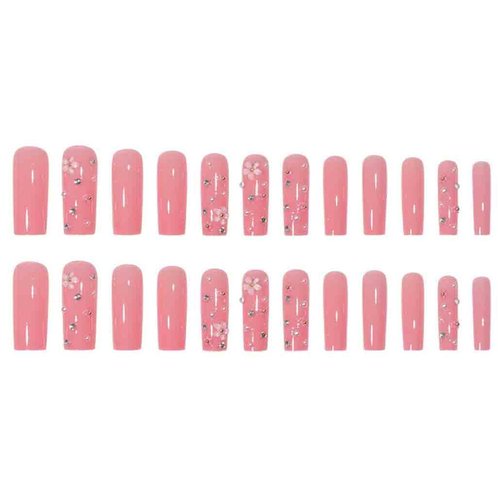 Foccna Pink Press on Nails Long 3D Flower Fake Nails Square Bling Glossy Rhinestone False Nail Tips Artificial Nails Finger Manicure for Women and Girls,24pcs