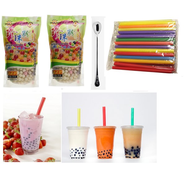 Wufuyuan - Multi color Tapioca Pearl 8.8 Oz (2 bag) + 50 Extra wide Fat Boba Drinking Straw + One NineChef Spoon Per Order