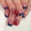24Pcs Blue French Tip Press on Nails Short Square American Flag Fake Nails Independence Day False Nails 4th of July Star Sequin Glitter Glue on Nails Patriotic Full Cover Stick on Nails for Women