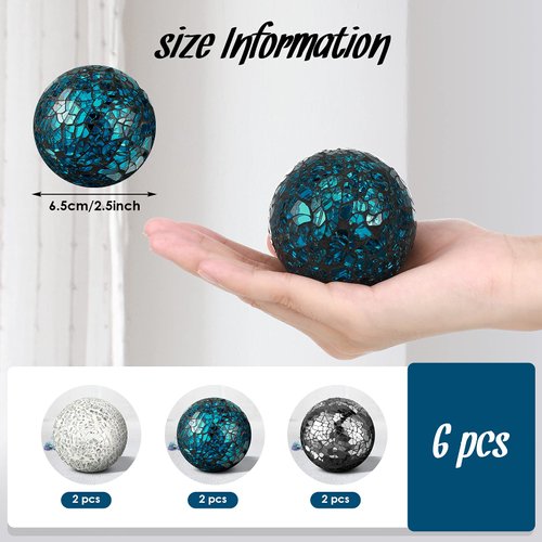 Decorative Ball Set 6.5cm/ 2.5 Inch Mosaic Glass Orbs Sphere Glass Centerpiece Balls Decorative Glass Balls for Bowls Vases Tables Wedding Party (Silver, Turquoise, Black, 6 Pieces)