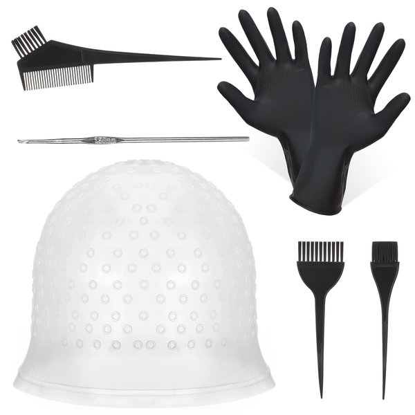 BOWINR 5 Pieces Hair Coloring Highlighting Cap, Silicone Highlight Cap Pull Through Caps Hair Coloring Frosting Cap with Hook, Hair Highlighting Kit Gloves and Brush for Salon Tools Women Men