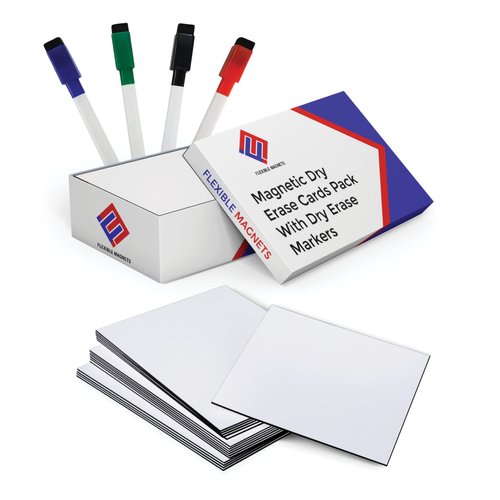 Dry Erase Magnetic Blank Card Labels - Plus Bonus! 4 Colored Dry Erase Markers - Dry Erase Index Cards - 4 x 4 Reusable Flash Cards - Mini Magnetic Cards for Fridge (100)