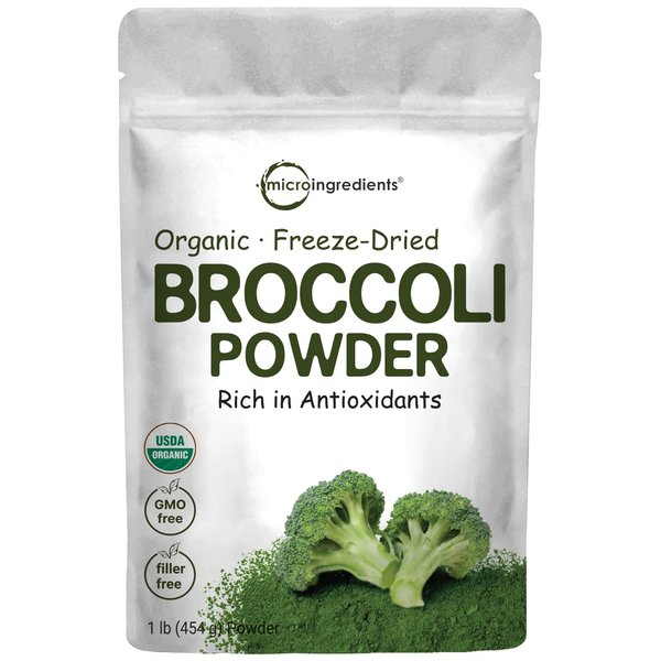 Organic Broccoli Powder, 1 Pound, Freeze Dried, Contains Natural DIM (Diindolylmethane), and Rich in Fiber and Immune Vitamin C, Green Superfood for Smoothie & Drinks, Vegan Friendly