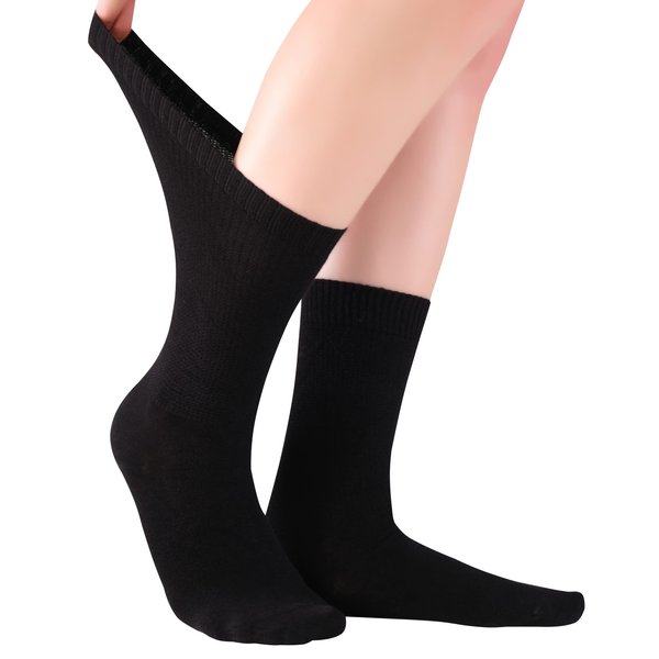 ELYFER Black Diabetic Crew Socks for Women (4 Pairs) Soft Thin Rayon, Wide, Loose Fit, Seamless Toe, Non-Binding, Circulatory, Compression, Moisture-Wicking Cushion Dress Socks Size (5-8.5)