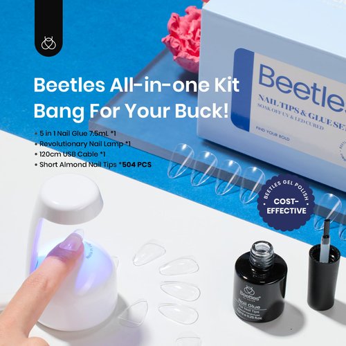 Beetles Gel Nail Kit Almond-500Pcs Gel Nail Kit Easy Nail Extension Set Short Almond Shape 5 In 1 Nail Glue Gel Extension Nail Kit Uv Led Lamp Acrylic False Nail Tips Kit DIY Nails Art Gifts for Women