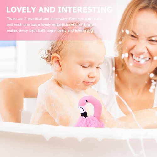FRCOLOR Shower Loofah Bath Sponge Flamingo Mesh Pouf Body Scrubber with Hanging Rope for Kids Women Girls Pink