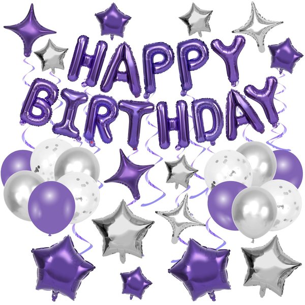 JarThenaAMCS 47 Pcs Happy Birthday Party Balloon Decoration Star Confetti Metallic Latex Foil Balloon Purple Silver Balloon Set for 16th 18th 20th Birthday Party Backdrop Supplies