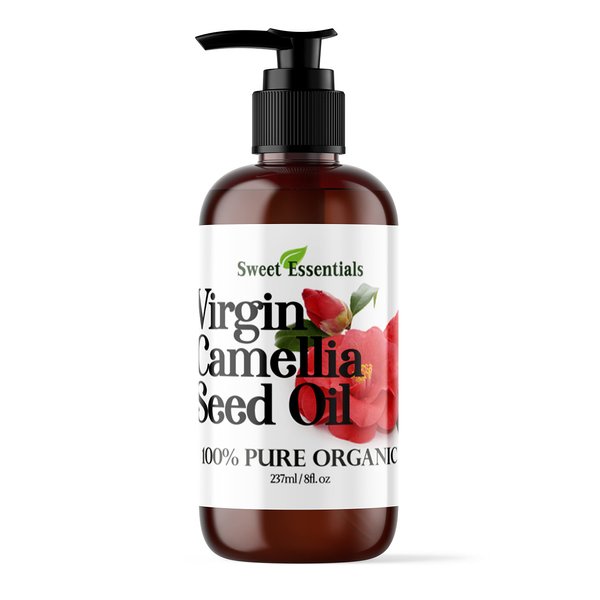 Sweet Essentials Organic Unrefined Camellia Seed Oil | Imported From Japan | 8oz Bottle w/Pump | 100% Pure - Virgin | 100% Organic | For Hair & Skin Use | Japanese Beauty Oil | Camellia Oleifera