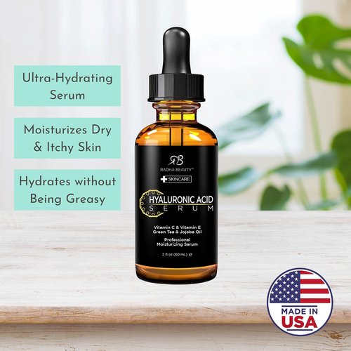 Radha Beauty Hyaluronic Acid Serum for Skin, 2 fl. oz - Infused with Vitamin C, Vitamin E, Green Tea & Jojoba Oil, Intensive Moisture and Hydration for Anti-Aging, Wrinkles, and Fine Lines