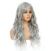 SWACC Long Curly Wavy Wig with Bangs Synthetic Hair Wig for Women with Wig Cap (Grey Silver Ombre)