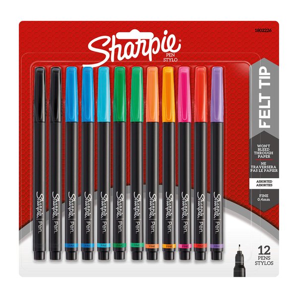 Sharpie Pens, Fine Point (0.4mm), Assorted Colors, 12 Count