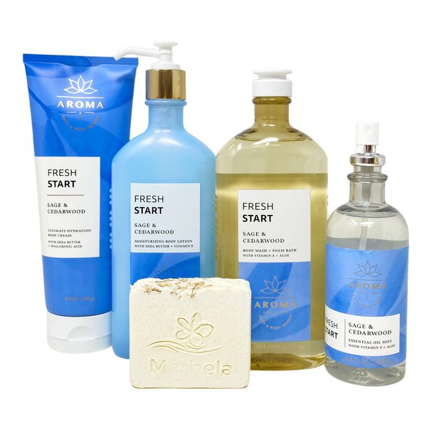 Bath & Body Works Aroma Fresh Start SAGE & CEDARWOOD Deluxe Gift Set - Body Cream - Body Lotion - Body Wash- Essential Oil Mist with a Natural Oats Bar Soap - Full Size