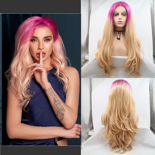 SERENEWIG 24" Rose Red Ombre Strawberry Blonde Synthetic Lace Front Wigs for Women Natural Long Wave Synthetic Heat Resistant Hair Female Wig for Daily Party Cosplay Use Drag Queen