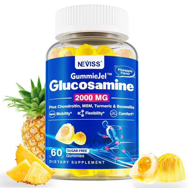 Sugar Free Glucosamine Chondroitin MSM Filled Gummies 3100mg -Joint Support Supplement - Plus Turmeric, Boswellia, Hyaluronic Acid & Vitamin D3, Mobility, Comfort, Flexibility & Bone Support, 60Cts