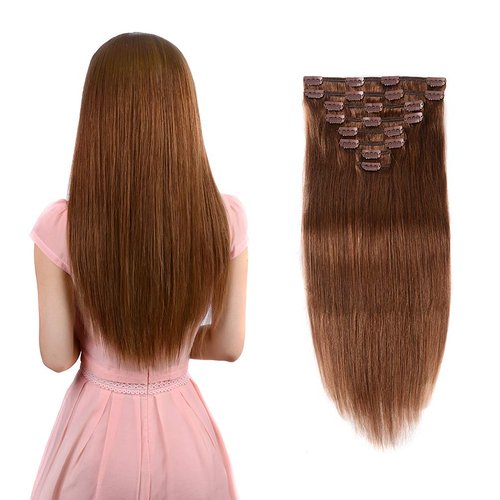 Real Clip in Hair Extensions Light Brown 8 Pieces - Premium Womens Straight Double Weft Thick Remy Hair Extensions Clip in on Human Hair for Long Hair (16" / 16 inch, #6, 102 grams/3.6 Oz )