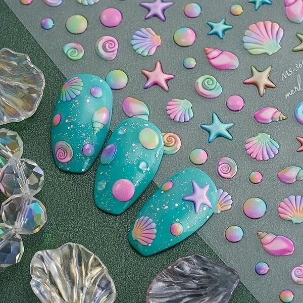 5D Embossed Nail Art Stickers - Shell Starfish Nail Stickers Self Adhesive Summer Nail Decals Cute Ocean Theme Design Colorful Shells Nail Art Supplies for Women Girls DIY Nail Salons