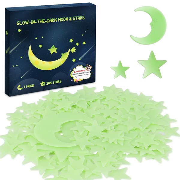 Glow in The Dark Stars for Ceiling - 205PCS Stars & 1 Moon for Kids Bedroom, Baby Room Nursery - Safe, Removable & Reusable