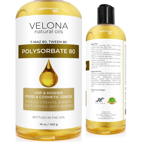 Polysorbate 80 by Velona - 16 oz | Solubilizer, Food & Cosmetic Grade | All Natural for Cooking, Skin Care and Bath Bombs, Sprays, Foam Maker | Use Today - Enjoy Results
