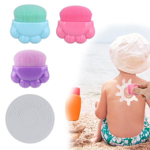 3pcs Sunscreen Applicator for Kids, Sunblock Buddy Brush with Protective Case Portable Sun Lotion Applicator Soft Bristle Foundation Sun Cream Brush Set with Brush Cleaning Pad