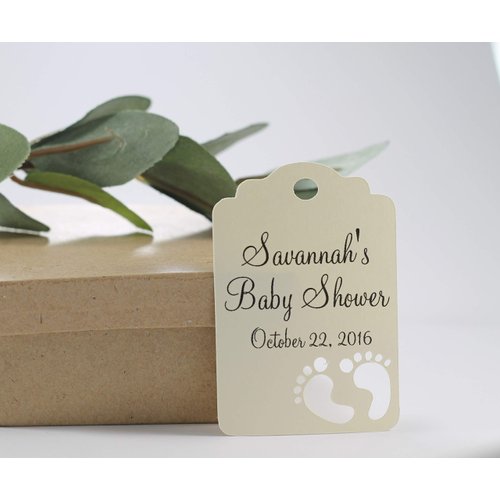 Personalized Baby Shower Thank You Tags with Baby Feet Cut Out, Set of 12 (Cream)
