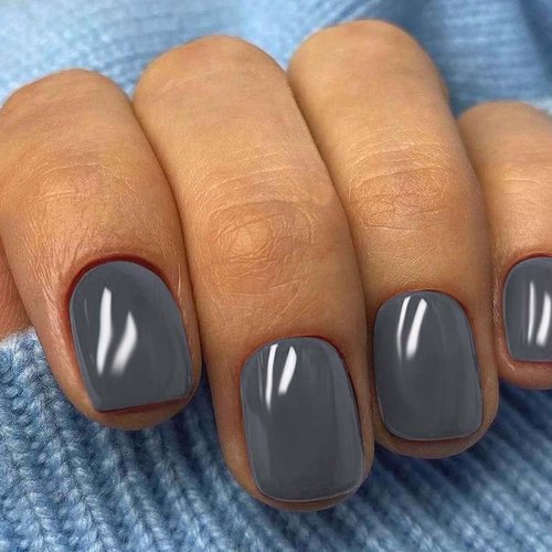 ANDGING Pure Grey Press on Nails Short Medium Square Fake Nails with Glossy Design Acrylic Coffin Glue on Nails Manicure Press on Nail Reusable False Nails Full Cover Stick on Nails for Wedding 24Pcs