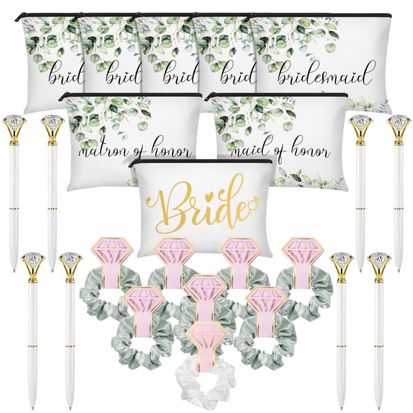 24 Pcs Bridesmaid Gifts Set Include 8 Brides Bridesmaid Canvas Makeup Bags Matron of Honor Bag 8 Hair Scrunchies Satin Hair Band 8 Diamond Pen for Bridal Shower Wedding (Green, White, Leaves)