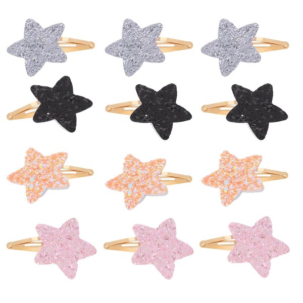 Qianyu 12 Pack Star Hair Clips Colorful Small Star Shape Glitter Metal Snap Hair Clips Cute No Slip Hair Pins Sparkly Kawaii Aesthetic Hair Styling Accessories Barrettes for Women Girls