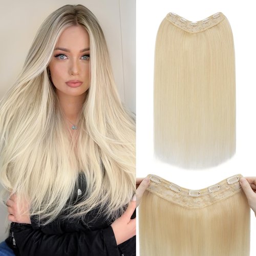 Benehair One Piece Clip in Hair Extensions Real Human Hair 3/4 Full Head V Shaped Weft Thicker Hair Lace Net One Piece Hair Extensions with 5 Clips (18"-70g #60 Platinum Blonde)