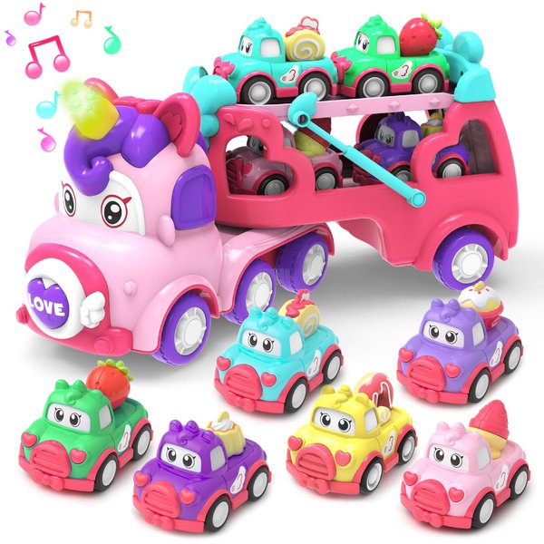 seveclotree Toddler Girl Toys,Toys for 1 2 3 Year Old Girl,7-in-1 Carrier Truck Cars Toys for Girls, Princess Toy with Light & Sound,1 2 3 Year Old Girl Birthday Gifts Christmas