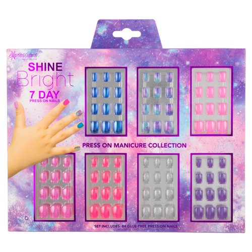 Expressions Girls 7-Day Press On Nails Set | Assorted Colors Nail Accessories for Kids
