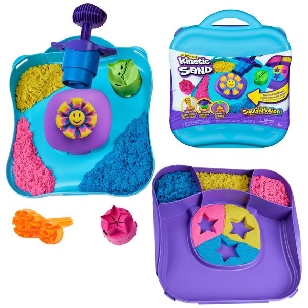 Kinetic Sand, SquishMotion Playset with 1lb Pink, Yellow, Blue Play Sand, Stamper, 5 Tools & Storage, Sensory Toys, Christmas Gifts for Kids Ages 3+