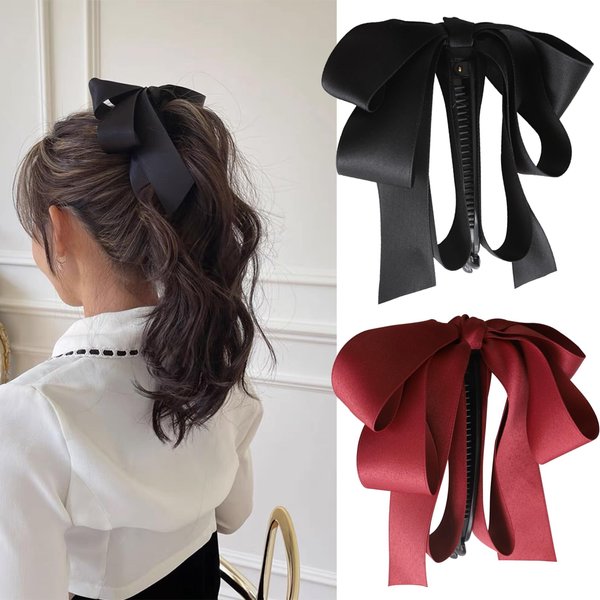 Generic 2 PCS Ribbon Bow Banana Clip Vertical Ponytail Claw Clip Bowknot Hair Clip for Women Girls Korean Style Banana Barrette Sweet Hair Accessories Ponytail Holder