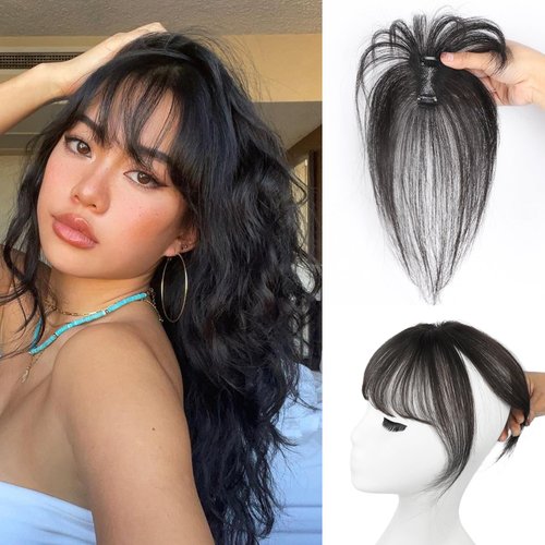 Vigorous Clip in Bangs 100% Real Human Hair Wipsy Fack Bangs Hair Clip With Topper Lace Bangs,360°Cover Natural Black Clip on Bangs for Women Hairpieces Curved Bangs for Daily Wear(Black)
